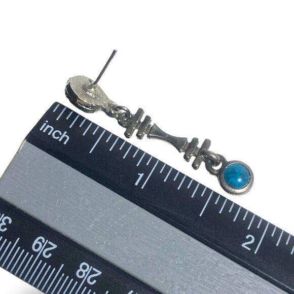 Vintage Silver Tone Turquoise Dangle Earrings Boho Tribal Statement Jewelry - Picture 6 of 7